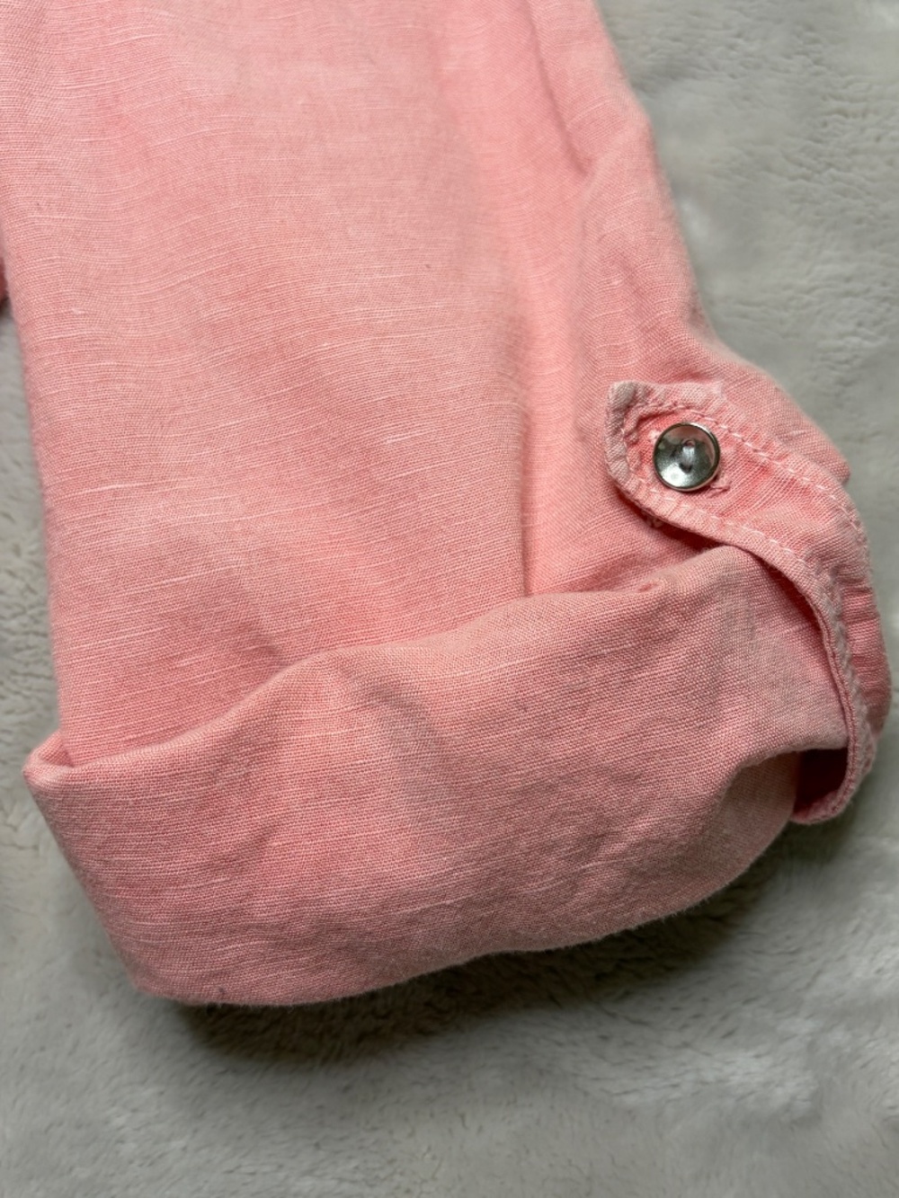 Caslon Button Up Shirt Womens L Pink Linen Cotton Roll Tab Sleeve Band Collar - Picture 6 of 11
